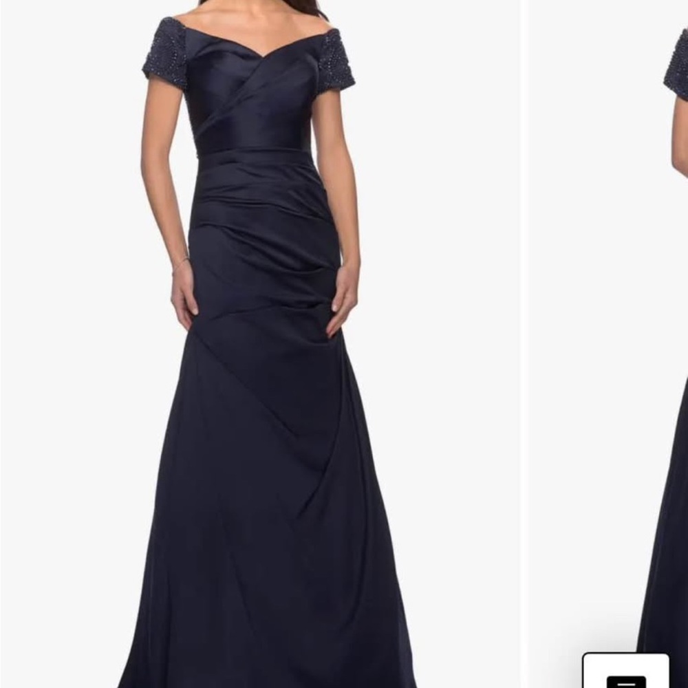 La Femme Navy Off-Shoulder Prom Dress